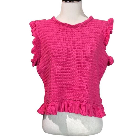 Marc New York Hot Pink Cropped Knit Ruffle Sleeve Blouse - Picture 1 of 11